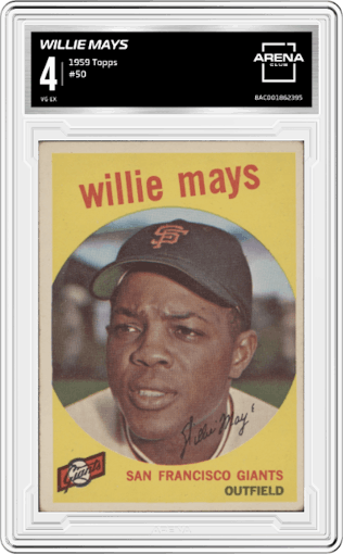 Willie Mays from the 1959 Topps set graded by Arena Club and given an overall grade of 4.