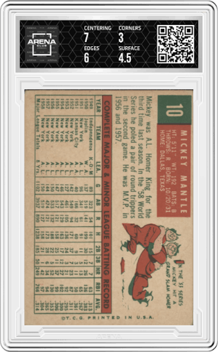 Mickey Mantle from the 1959 Topps set graded by Arena Club and given an overall grade of 3.5.