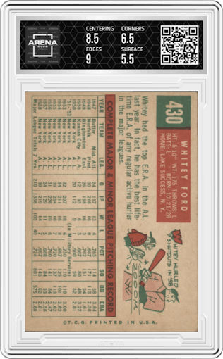 Whitey Ford from the 1959 Topps set graded by Arena Club and given an overall grade of 6.