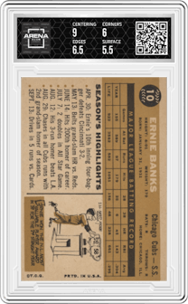 Ernie Banks from the 1960 Topps set graded by Arena Club and given an overall grade of 6.