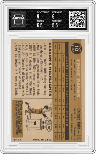 Ernie Banks from the 1960 Topps set graded by Arena Club and given an overall grade of 6.