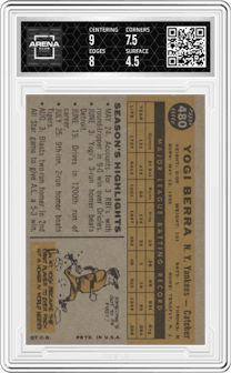 Yogi Berra from the 1960 Topps set graded by Arena Club and given an overall grade of 5.