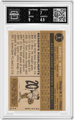 Early Wynn from the 1960 Topps set graded by Arena Club and given an overall grade of 5.
