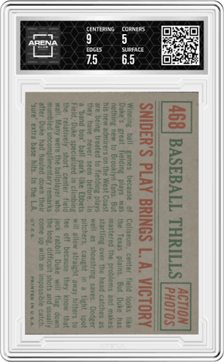 Snider’s Play Brings L.A… from the 1959 Topps set graded by Arena Club and given an overall grade of 5.5.