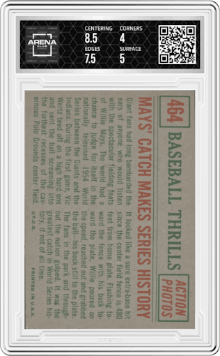 Mays' Catch Makes Series History from the 1959 Topps set graded by Arena Club and given an overall grade of 4.5.