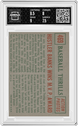 Hustler Banks Wins M.V.P. from the 1959 Topps set graded by Arena Club and given an overall grade of 8.