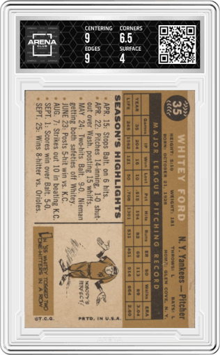 Whitey Ford  from the 1960 Topps set graded by Arena Club and given an overall grade of 4.5.