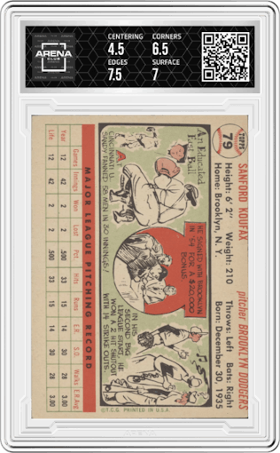 Sandy Koufax from the 1956 Topps set featuring a White Back parallel graded by Arena Club and given an overall grade of 5.