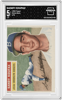Sandy Koufax from the 1956 Topps set featuring a White Back parallel graded by Arena Club and given an overall grade of 5.