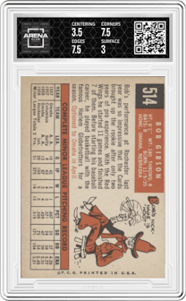 Bob Gibson from the 1959 Topps set graded by Arena Club and given an overall grade of 3.5.