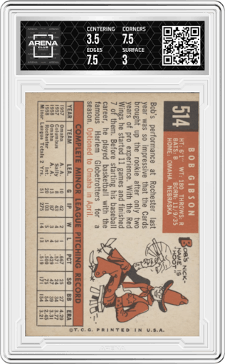 Bob Gibson from the 1959 Topps set graded by Arena Club and given an overall grade of 3.5.