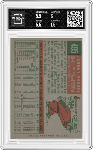 Johnny Podres from the 1959 Topps set graded by Arena Club and given an overall grade of 2.