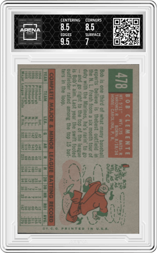 Bob Clemente from the 1959 Topps set graded by Arena Club and given an overall grade of 7.5.