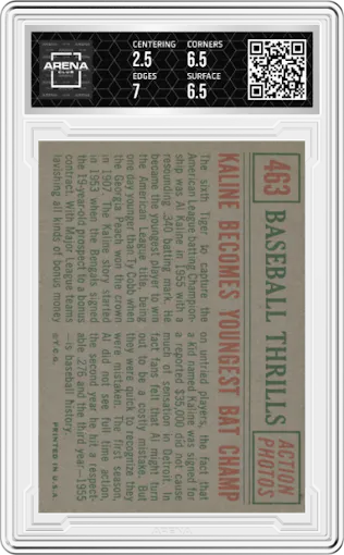 Kaline Becomes Youngest... from the 1959 Topps set graded by Arena Club and given an overall grade of 3.