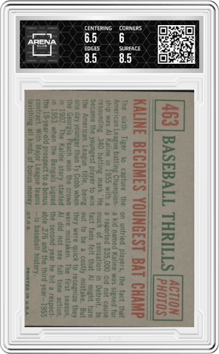 Kaline Becomes Youngest... from the 1959 Topps set graded by Arena Club and given an overall grade of 6.5.