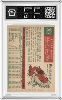 Roger Maris from the 1959 Topps set graded by Arena Club and given an overall grade of 7.5.