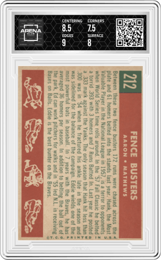 Aaron/Matthews from the 1959 Topps set graded by Arena Club and given an overall grade of 8.
