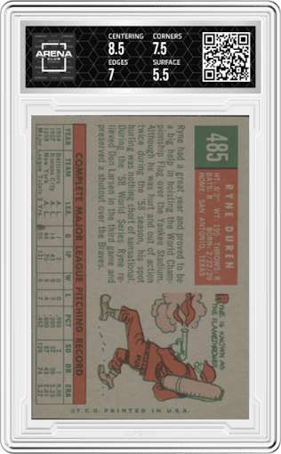 Ryne Duren from the 1959 Topps set graded by Arena Club and given an overall grade of 6.
