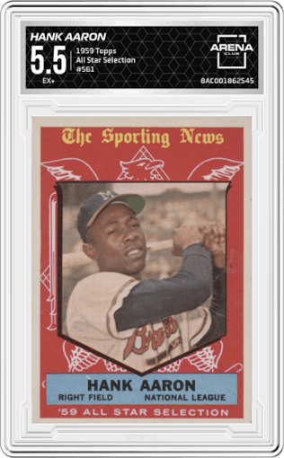 Hank Aaron from the 1959 Topps set graded by Arena Club and given an overall grade of 5.5.