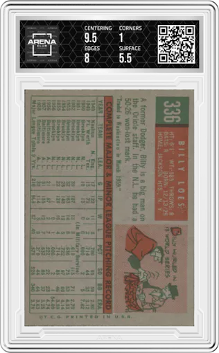 Billy Loes from the 1959 Topps set graded by Arena Club and given an overall grade of 1.5.