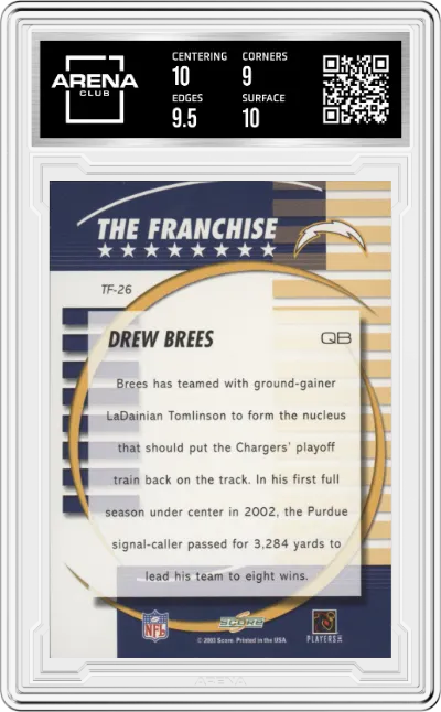 Drew Brees from the 2003 Score set graded by Arena Club and given an overall grade of 9.5.