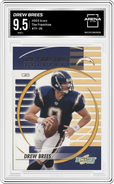 Drew Brees from the 2003 Score set graded by Arena Club and given an overall grade of 9.5.