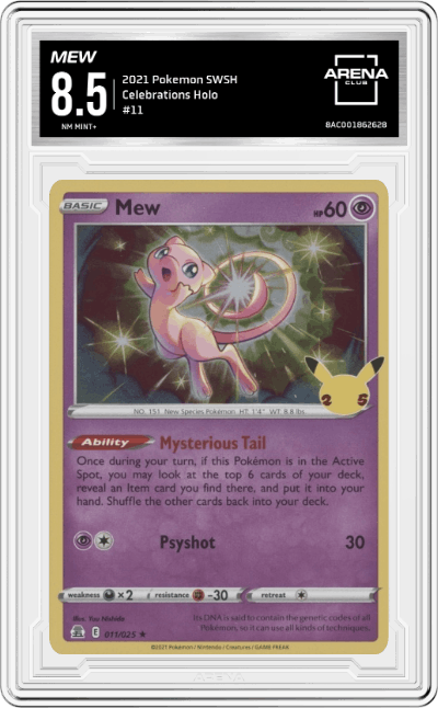 Mew from the 2021 Pokemon SWSH set graded by Arena Club and given an overall grade of 8.5.