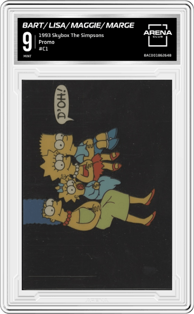 Bart/ Lisa/ Maggie/ Marge from the 1993 Skybox The Simpsons set graded by Arena Club and given an overall grade of 9.