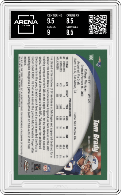 Tom Brady  from the 2002 Topps Chrome set graded by Arena Club and given an overall grade of 9.