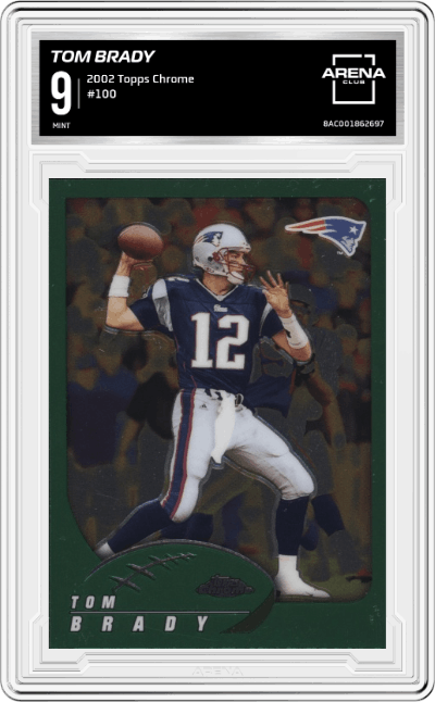 Tom Brady  from the 2002 Topps Chrome set graded by Arena Club and given an overall grade of 9.