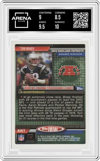Tom Brady from the 2003 Topps Total set graded by Arena Club and given an overall grade of 9.