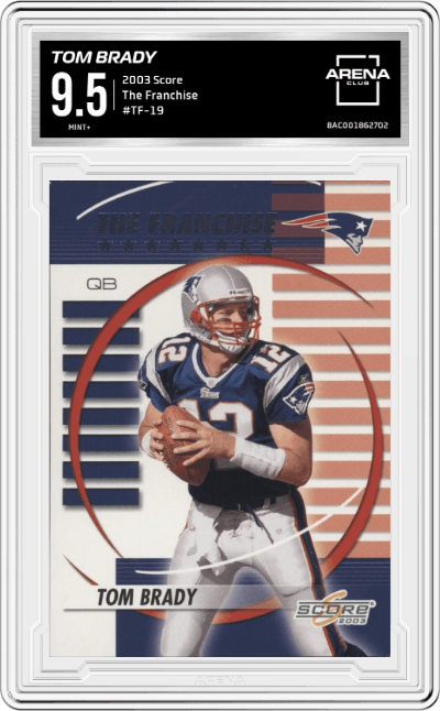 Tom Brady from the 2003 Score set graded by Arena Club and given an overall grade of 9.5.