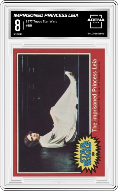 The Imprisoned Princess Leia from the 1977 Topps Star Wars  set graded by Arena Club and given an overall grade of 8.