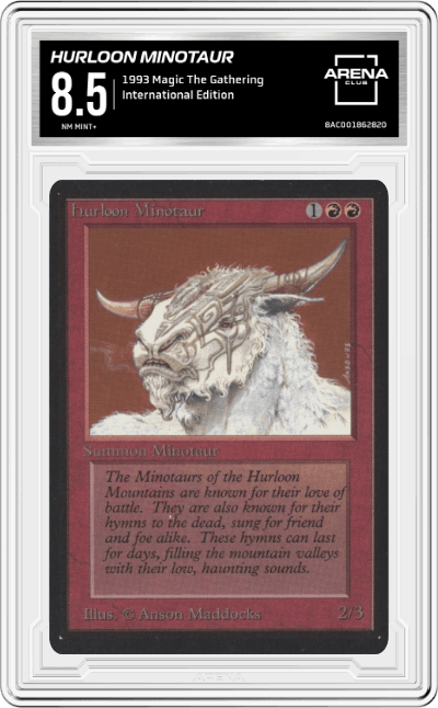 Hurloon Minotaur from the 1993 Magic The Gathering set graded by Arena Club and given an overall grade of 8.5.