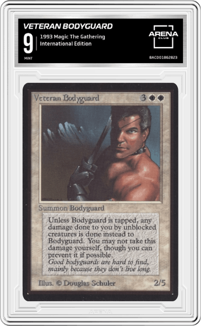 Veteran Bodyguard from the 1993 Magic The Gathering set graded by Arena Club and given an overall grade of 9.