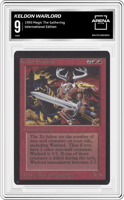 Keldon Warlord from the 1993 Magic The Gathering set graded by Arena Club and given an overall grade of 9.