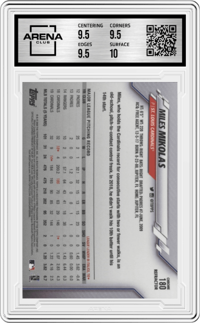 Miles Mikolas from the 2020 Topps Chrome set featuring a X-Fractor parallel graded by Arena Club and given an overall grade of 10.