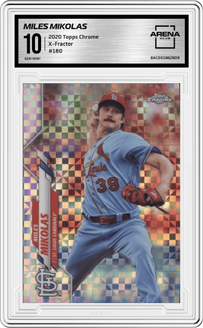 Miles Mikolas from the 2020 Topps Chrome set featuring a X-Fractor parallel graded by Arena Club and given an overall grade of 10.