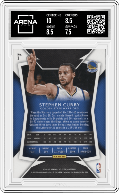 Stephen Curry from the 2014-15 Panini Select Basketball set graded by Arena Club and given an overall grade of 8.