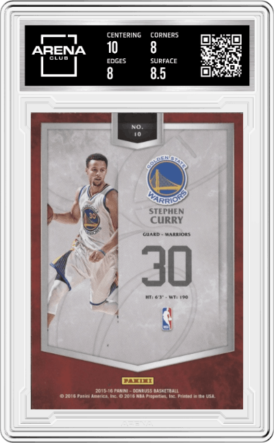 Stephen Curry from the 2015-16 Panini Donruss Basketball set graded by Arena Club and given an overall grade of 8.5.