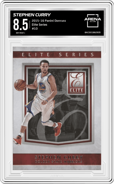 Stephen Curry from the 2015-16 Panini Donruss Basketball set graded by Arena Club and given an overall grade of 8.5.