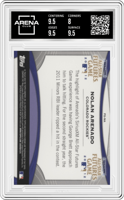 Nolan Arrenado from the 2012 Bowman Chrome Baseball set graded by Arena Club and given an overall grade of 8.5.