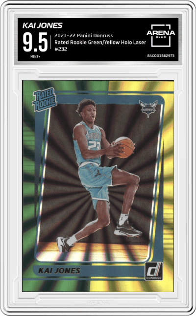 Kai Jones from the 2021-22 Panini Donruss set featuring a Green/Yellow Holo Laser parallel graded by Arena Club and given an overall grade of 9.5.