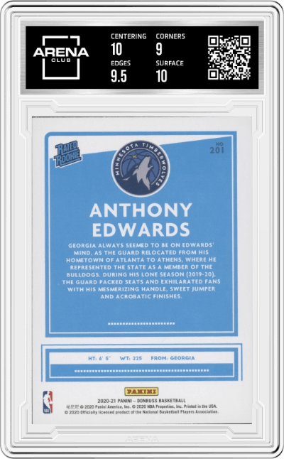 Anthony Edwards from the 2020-21 Panini Donruss set graded by Arena Club and given an overall grade of 9.5.