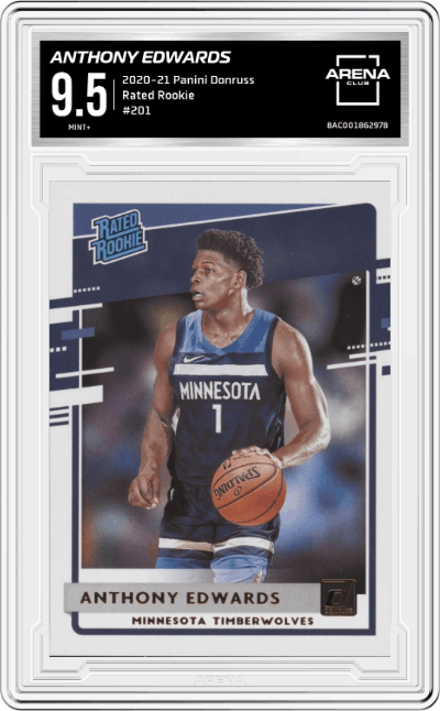 Anthony Edwards from the 2020-21 Panini Donruss set graded by Arena Club and given an overall grade of 9.5.