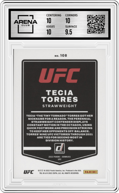 Tecia Torres from the 2022 Donruss UFC MMA set featuring a Holo Purple Laser parallel graded by Arena Club and given an overall grade of 10.