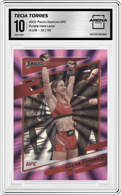 Tecia Torres from the 2022 Donruss UFC MMA set featuring a Holo Purple Laser parallel graded by Arena Club and given an overall grade of 10.