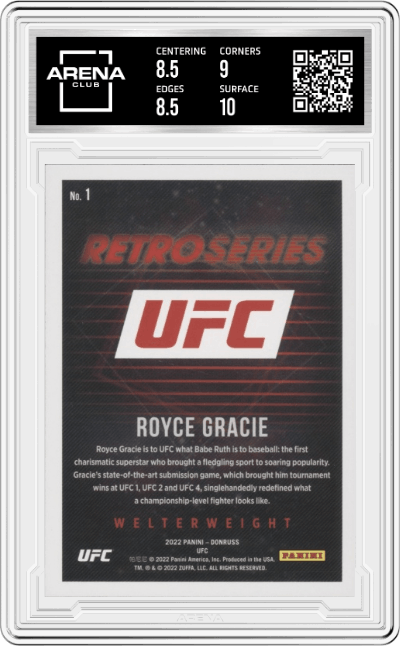 Royce Gracie from the 2022 Donruss UFC MMA set featuring a Press Proof Pink parallel graded by Arena Club and given an overall grade of 9.
