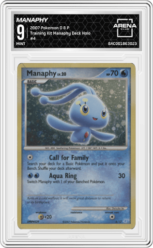 Manaphy from the 2007 Pokemon D & P set featuring a Manaphy Deck parallel graded by Arena Club and given an overall grade of 9.