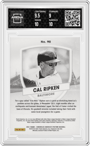 Cal Ripken from the 2021 Panini Chronicles set graded by Arena Club and given an overall grade of 9.5.